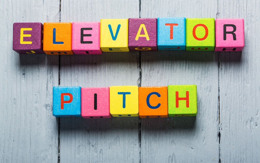 Elevator Pitch spelled out in colourful blocks.