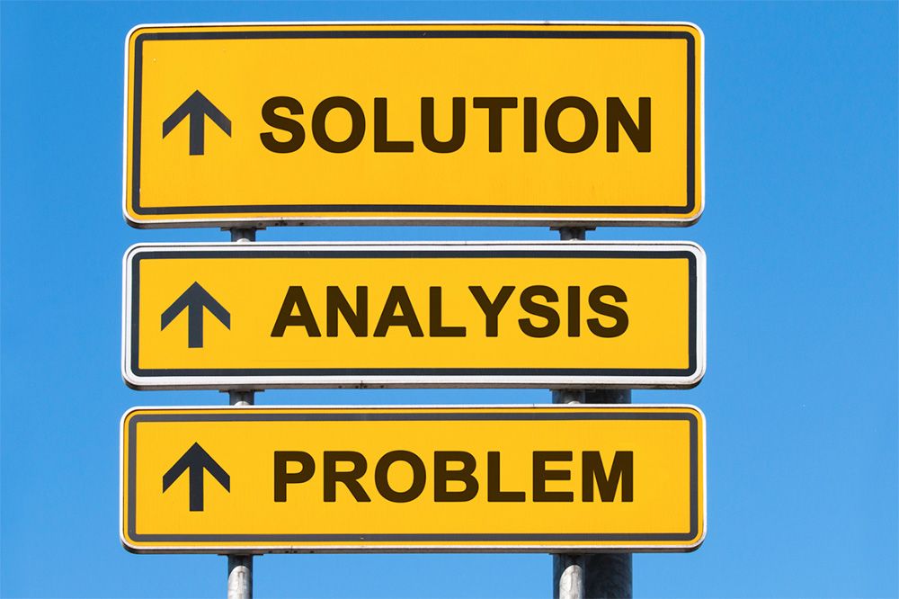 3 signs with upward arrows saying Problem, Solution and Analysis.