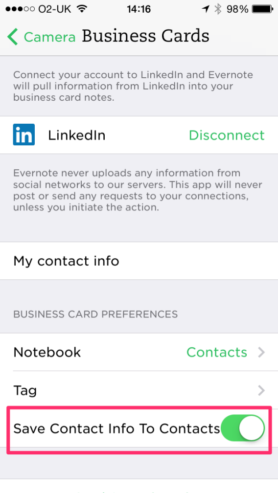 Business card settings Evernote iPhone app