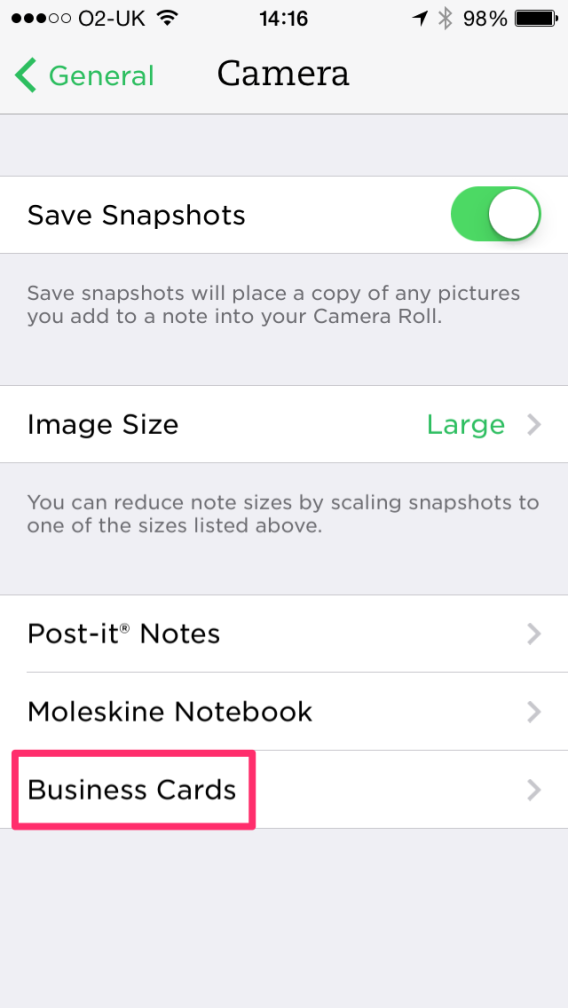 Evernote camera settings on iPhone