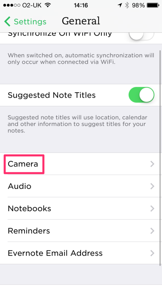 Evernote general settings on iPhone