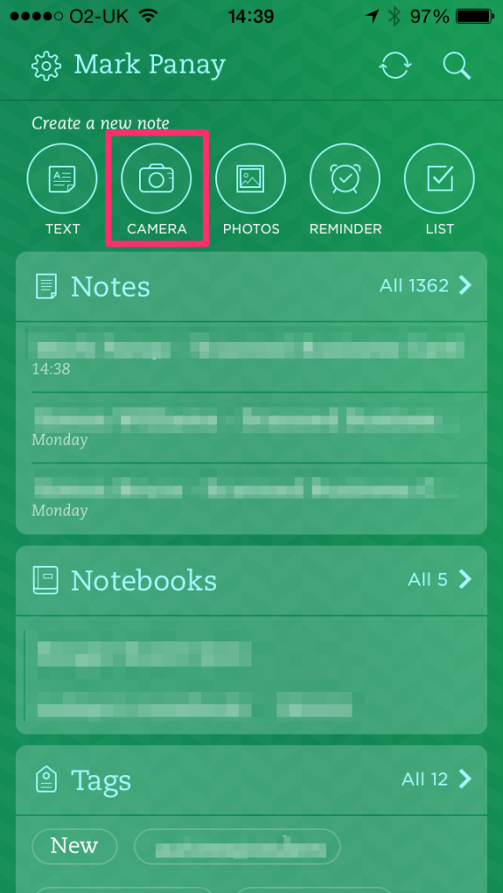 Evernote iphone app home screen