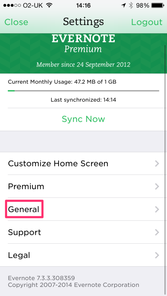 Evernote settings on iPhone