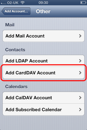 iPhone - Add cardDAV account