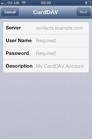 iPhone - Set up cardDAV account